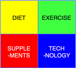 Planned Longevity™ boxes are illustrated here. Diet, exercise, supplements, and technology. These are the four boxes for planning.